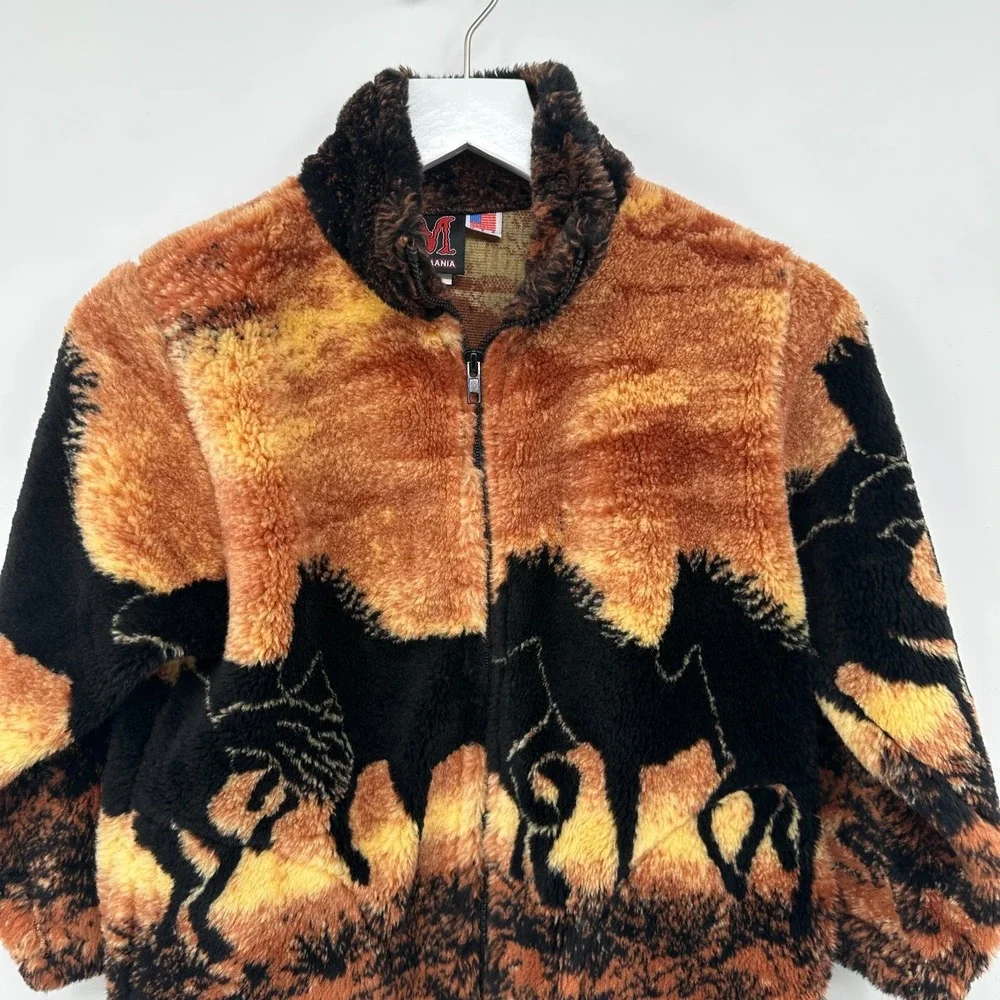 Vintage Mazmania Jacket Coat Kids Youth Size 7/8 Medium Deep Pile Fleece Horses‎